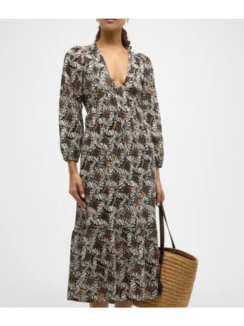 Xirena Ella Floral Long Sleeve V-Neck Tiered Midi Dress Black Beige Size Small
